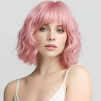 Short Pink Wig with Bangs Natural Looking Hair Wigs for Women Pink Wavy Medium Length Heat-Resistant Synthetic Fiber Hair Water Wave Bob Wig Colorful（14 Inches）