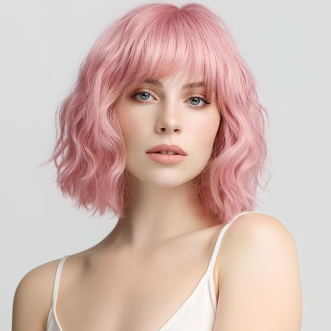 Short Pink Wig with Bangs Natural Looking Hair Wigs for Women Pink Wavy Medium Length Heat-Resistant Synthetic Fiber Hair Water Wave Bob Wig Colorful（14 Inches）