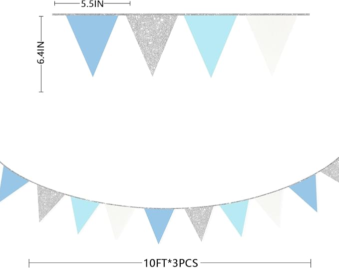 Dusty Blue Silver White Party Decorations Pennant Banner Flag Hanging Glitter - Image 2