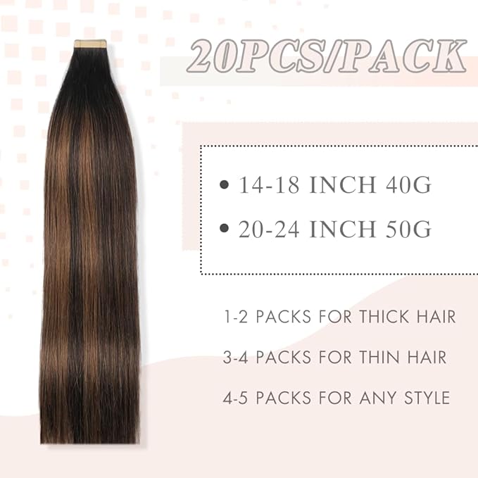 Tape in Hair Extensions Human Hair 20pcs Remy Hair Extensions Real Human Hair 18 Inch Balayage Natural Black Mixed Chestnut Brown Straight Invisible Human Hair Tape in Extensions (1B/1B/6#,18 Inch)