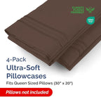 Queen Pillow Cases Set of 4 - Ultra Soft Hotel Quality Pillowcase Covers - Comfy, Cozy & Wrinkle Free - Shrinkage, Stain and Fade Resistant - Machine Washable Pillow Protectors - 4 Piece Set - Brown