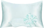 Vegan Silk Sleep Set, Silky Pillowcase with Large Scrunchie and Eye Mask for Hair and Skin, Self Care Essential Satin Night Routine Kit (Mint Blue Color)