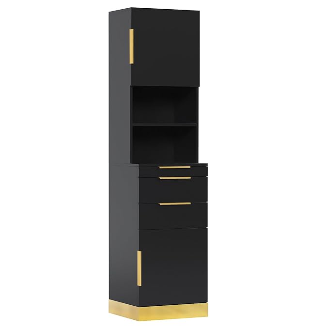 OmySalon Salon Station, Barber Station for Hair Stylist, Beauty Storage Cabinet with Stainless Steel Finish & Drawers & Dryer Holders, Modern Spa Equipment for Barbershop, Black