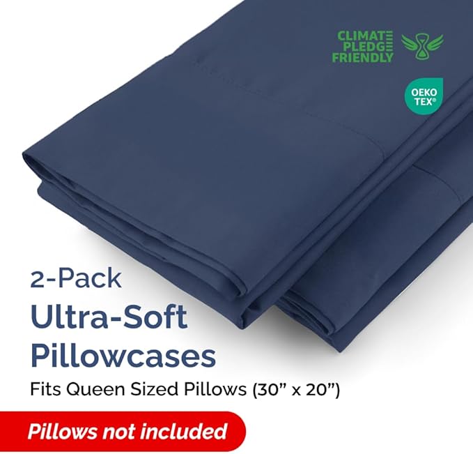 Queen Pillow Cases - 2 Pack - Super Soft Pillowcase Covers - Envelope Enclosure - Hotel Quality Pillow Protectors - Wrinkle Free, Shrink & Stain Resistant - Machine Washable - 20" x 30" (Navy Blue)