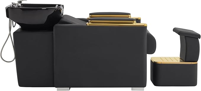 BarberPub Backwash Shampoo Station Chair with Porcelain Ceramic Hair Wash Bowl, Vacuum Breaker, Professional Black&Gold Shampoo Chair and Bowl Unit for Salon and Spa 8613 (Black)
