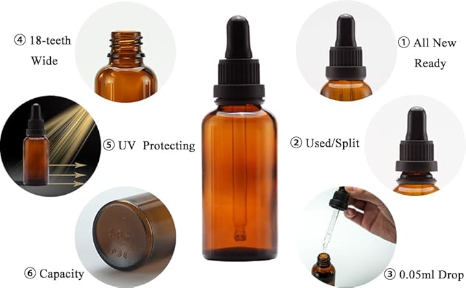 YIZHAO Amber Glass Dropper Bottle 2oz, Tincture Bottles with Glass Dropper, for Essential Oils, Aromatherapy, Cosmetic, Laboratory, Pharmacy, Liquids, Travel –6 Pcs