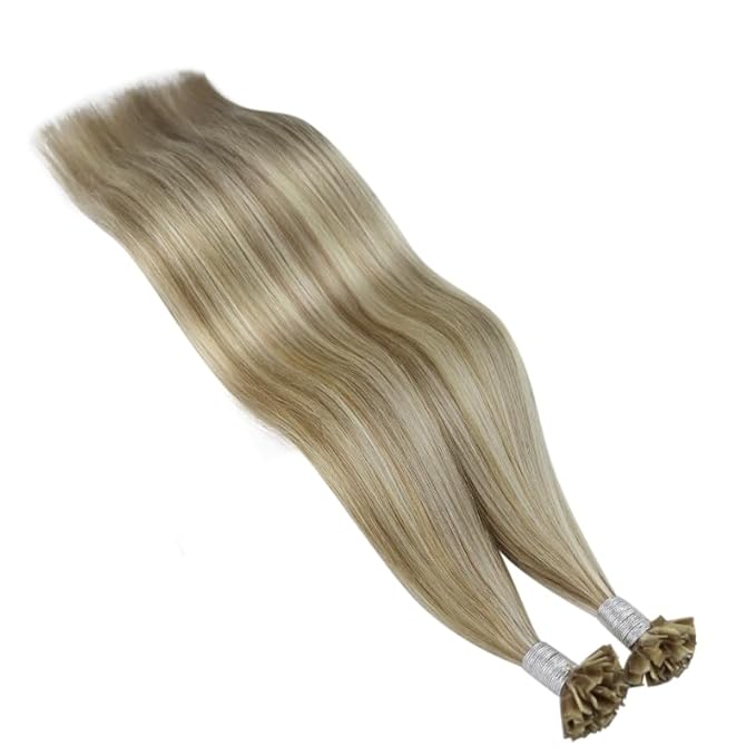 YoungSee K Tip Hair Extensions Human Hair Light Brown Pre Bonded K Tip Real Hair Extensions Light Brown Highlights Blonde Utip Natural Human Hair Highlight 14in Hot Fusion Hair Extensions 50s/50g