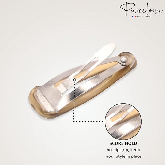 Parcelona French Mini Set of 4 Small Celluloid Acetate Snap Hair Clips No Slip Fashion Durable Styling Women Hair Accessories Girls Snap Hair Barrette, Made in France (Golden-Silver)