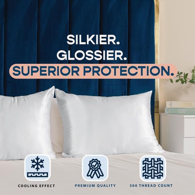 BLISSFORD Satin Pillowcase with Zipper for Hair and Skin Care, Feels Soft and Cool Like a Silk Pillowcase, White Satin Pillow Cases 2 Pack, Slik Pillow Cover, Standard Size - Set of 2