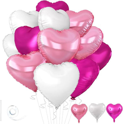 Rose Heart Balloons, 18inch Bright Pink Heart Shaped Foil Balloons & White by Wuhetyo