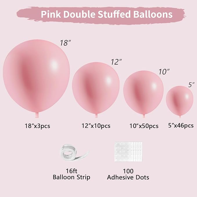 Light Pink Double Stuffed Balloons Different Size 115Pcs 5/10/12/18" Pink - Image 2