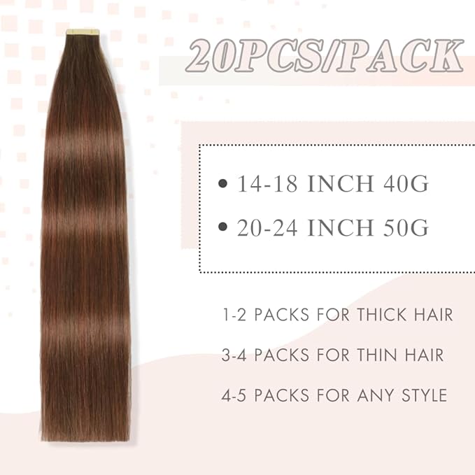 Human Hair Tape in Extensions, Chestnut Brown Mixed Dark Auburn Extensions Real Human Hair 20 Inch 20pcs Remy Straight Tape ins Invisible Tape in Hair Extensions Human Hair (4/4/33#,20 Inch)