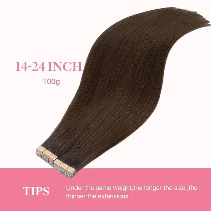 GOO GOO Tape in Hair Extensions Human Hair, 4A Chocolate Brown, 14inch 100g 40pcs, Skin Weft Seamless Invisible, Silky Straight with Thick Ends, Remy Human Hair