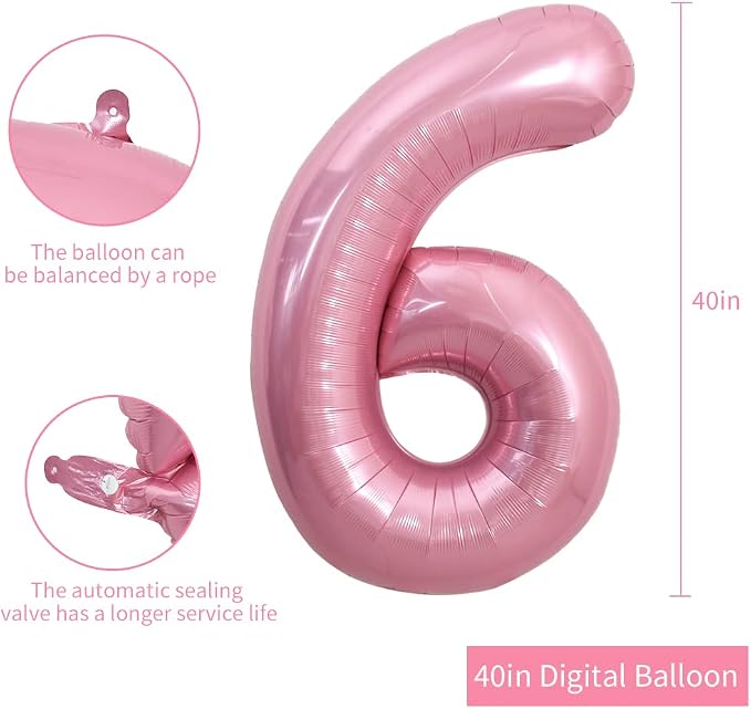 TONIFUL 40 Inch Pink Number 6 Balloons Large Foil 6th Birthday Decorations | - Image 2