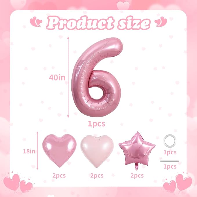TONIFUL 6th Birthday Balloons Kit 40 Inch Pink Large Number 6 Foil Balloon | - Image 2