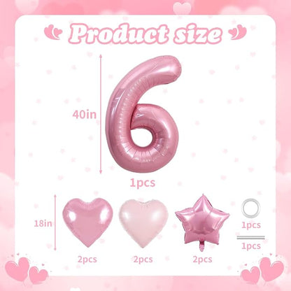 TONIFUL 6th Birthday Balloons Kit 40 Inch Pink Large Number 6 Foil Balloon | - Image 2