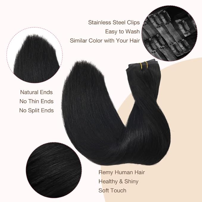 GOO GOO Clip in Hair Extensions Real Human Hair, Remy Human Hair Extensions Clip ins for Women, Natural Human Hair, 16inch 110g 7Pcs, 1 Jet black