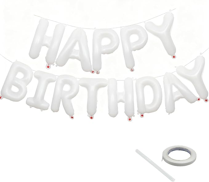 White Happy Birthday Balloon Banner 16 Inch by KEJ