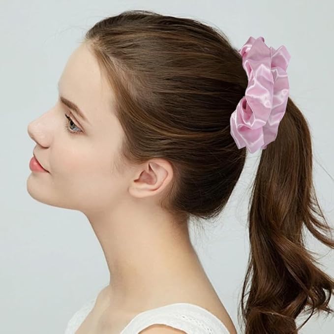 2PCS Extra Large Satin Scrunchies for Women Thick Hair - No Damage Hair Ties 6.3Inches Big Hair Scrunchy Oversized Thick Elastic Hair Bands Ponytail Holders Jumbo Scrunchies (Black Pink)