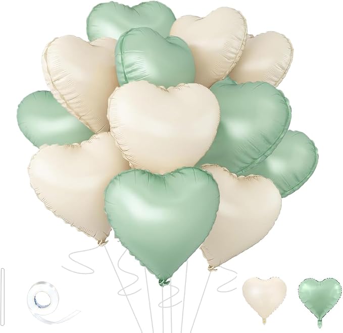 Baby White Heart Balloons，18 Inch Light Green Helium Foil Love Heart Shaped by Wuhetyo