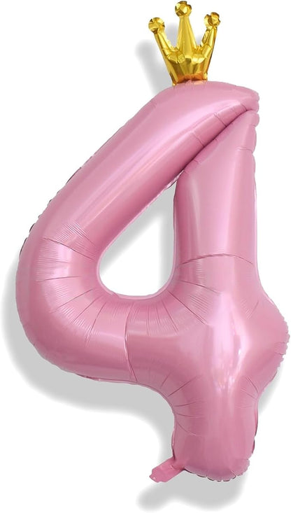 Crown Number Balloons 4 for Kids, Large Pastel Pink Number Balloon 0-9 Set by Isndare