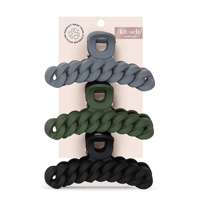 Kitsch Recycled Plastic Large Claw Clip, Big Chain Hair Clips for Women, Big Claw Clips for Thick Hair | Ideal Gifts for Women (3pc Set Black/Moss)