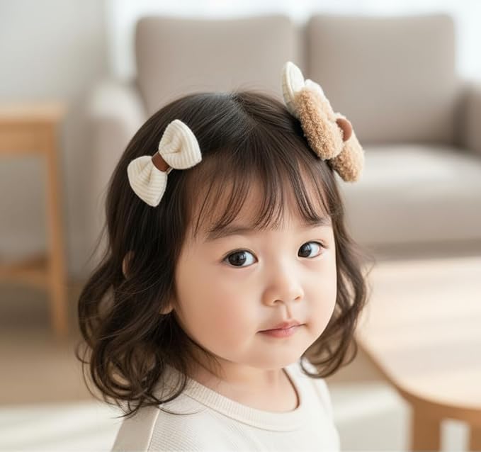 Hair Clips for Baby Girls-8 Pcs Beige Hair Accessories with Knitted Flower, Bow, Butterfly Designs-Soft Wool and Crochet Hairpins-Non-Slip Barrettes for Daily and Occasional Wear (Design 3-8pc Set)