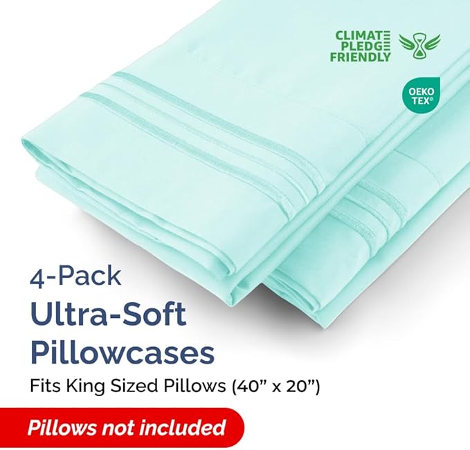 King Pillow Cases Set of 4 - Ultra Soft Hotel Quality Pillowcase Covers - Comfy, Cozy & Wrinkle Free - Shrinkage, Stain and Fade Resistant - Machine Washable Pillow Protectors - 4 Piece Set - Spa Blue