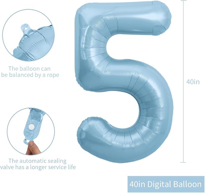 TONIFUL 40 Inch Pastel Blue Number 5 Foil Balloon Large Mylar Foil Digit 5 - Image 2