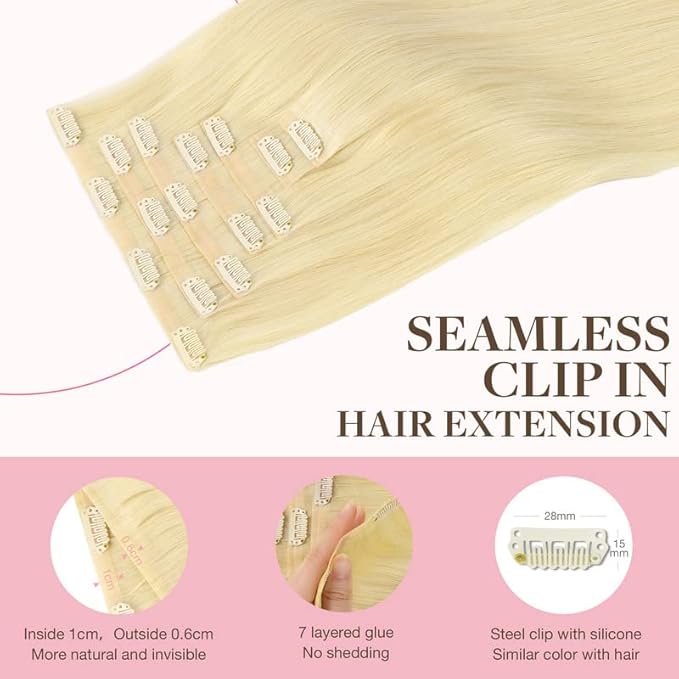 GOO GOO Clip in Hair Extensions Real Human Hair, Remy Human Hair Extensions Clip ins for Women, Natural Human Hair, 18inch 110g 7Pcs, 613R Bleach Blonde