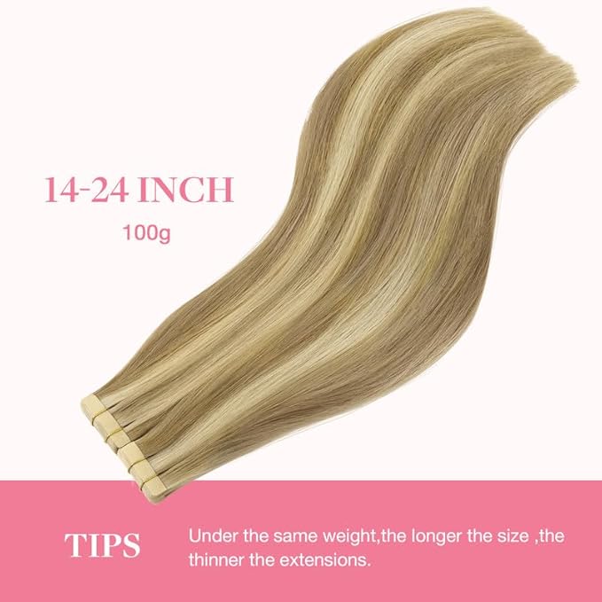 GOO GOO Tape in Hair Extensions Human Hair, 16/22 Light Blonde Highlighted Golden Blonde, 16inch 100g 40pcs, Skin Weft Seamless Invisible, Silky Straight with Thick Ends, Remy Human Hair