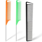 3-in-1 Rat Tail & Pintail Comb Set - Carbon Fiber & Stainless Steel Teeth for Braids, Barber Styling & Salon Use (Orange, Green, Black)