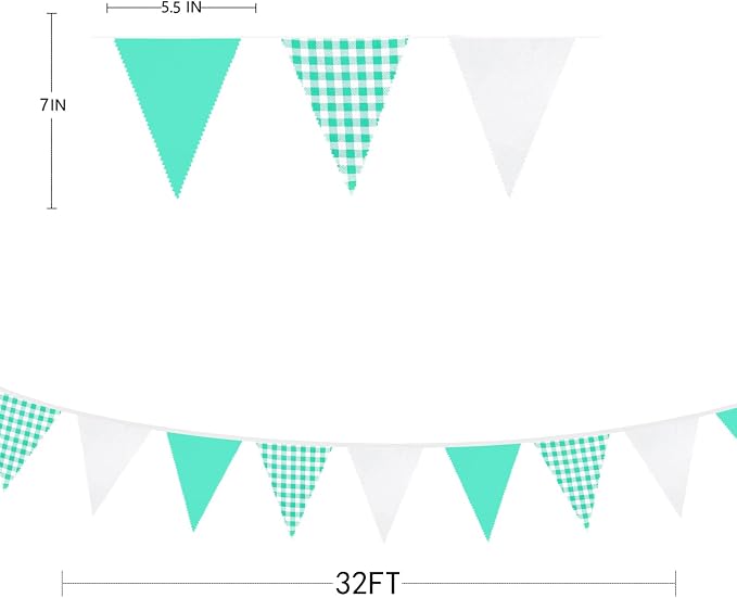 32Ft Aqua Green Plaid Checkered Party Banners Gingham Triangle Pennant Flag - Image 6