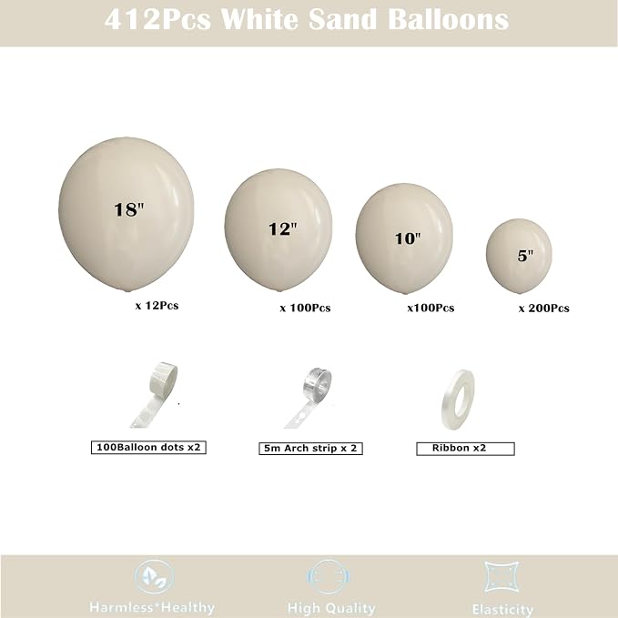412pcs Sand White Balloon Garland Arch Kit 18 12 10 5 Inch Different Sizes - Image 2