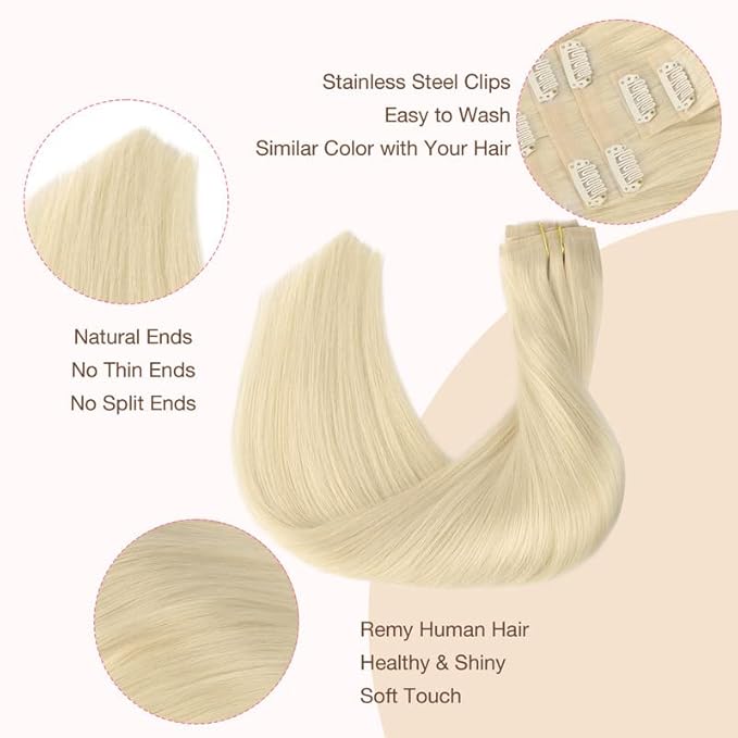 GOO GOO Clip in Hair Extensions Real Human Hair, Remy Human Hair Extensions Clip ins for Women, Natural Human Hair, 18inch 110g 7Pcs, 60A Platinum Blonde
