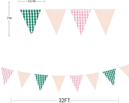 32Ft Pink Green Gingham Camp Bride Banner Green Pink Plaid Checkered Fabric - Image 3