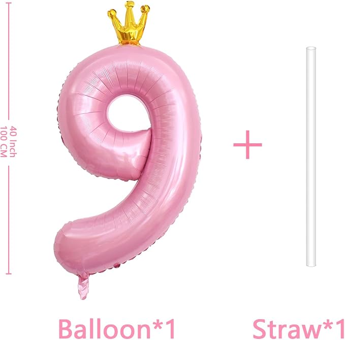 40 Inch Crown Pink Number 9 Balloon, Big Conjoined Light Pink Foil Mylar Helium - Image 2