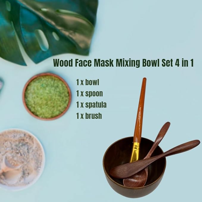 Face Mask Mixing Bowl Set Brown Wood,4 Pack Diy Facial Tools For Skin Care,Facemask Mixing Tool Kit With Facial Mask Bowl,Spatula,Spoon,Brush Applicator,Facial Esthetician Supplies