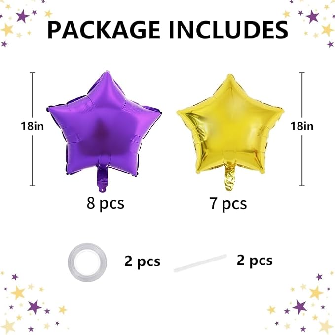 TONIFUL 15 Pack Purple and Gold Star Foil Balloons | 18 Inch Mylar Star Balloons - Image 2