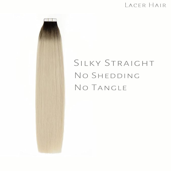 Lacer Tape in Hair Extensions Human Hair Dip Dyed Ombre Darker Brown to Platinum Blonde Seamless PU Skin Weft Natural Hair 20 Inch Invisible Tape in Human Hair Extensions Double Side 50g 20pcs/set