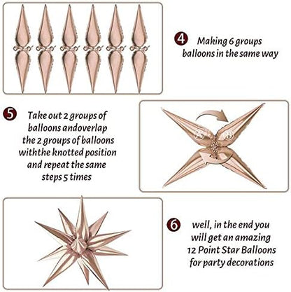 Rose Gold Star Balloon 12 Point Cone Explosion Star Foil Balloons | 60 Pcs Rose - Image 4
