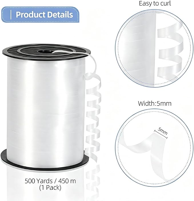 White Curling Ribbon, 3/16 inch x 500 Yards Plain White Curling Ribbon - Image 2
