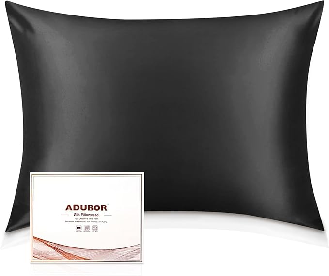 Adubor Silk Pillowcase for Hair and Skin with Hidden Zipper, Both Sides 23 Momme Silk Pillow Case, Queen Size 20×30 inches, Black, 2PCS