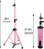 Reinforced Wig Stand Tripod 55" Heavy Duty Adjustable Mannequin Head Stand Tripod for Styling Cosmetology Hairdressing Training, Pink Wig Head Stand Sets with Wig Caps,Comb,Hair Clips, T-Pins,Headband