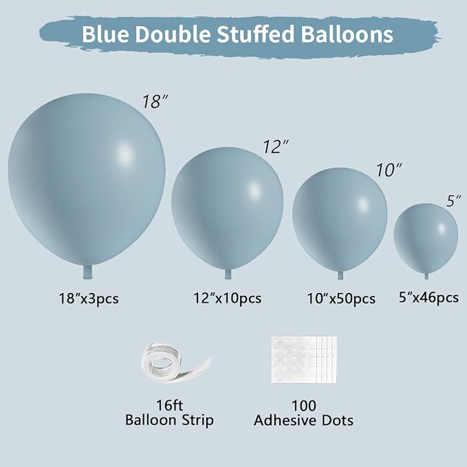Double Stuffed Balloons Dusty Blue Different Size 115Pcs 5/10/12/18" Slate - Image 2