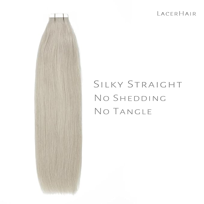 Lacer Tape in Hair Extensions - Silky Straight Silver Grey Adhesive 100% Remy Human Brazilian Hair - 20 Pcs, 50 Grams, 22 Inch