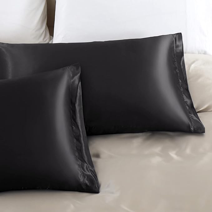 Aormenzy Black Satin Pillowcase for Hair and Skin, Satin Pillow Cases for Women Standard Size Set of 2 with Envelope Closure Silky Pillow Covers Wrinkle, Fade Resistant (20x26 Inches)