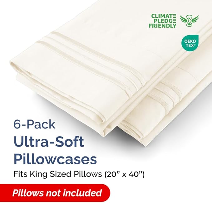 King Pillow Cases Set of 6 - Ultra Soft Hotel Quality Pillowcase Covers - Comfy. Cozy & Wrinkle Free - Shrink, Stain and Fade Resistant - Machine Washable Pillow Protectors - 6 Piece Set - Off White