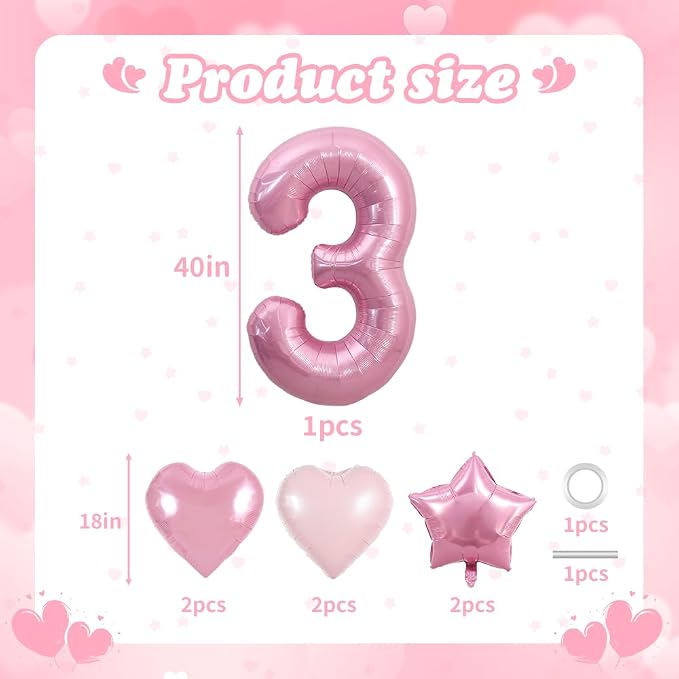 TONIFUL 3rd Birthday Balloons Kit 40 Inch Pink Large Number 3 Foil Balloon | - Image 2