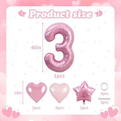 TONIFUL 3rd Birthday Balloons Kit 40 Inch Pink Large Number 3 Foil Balloon | - Image 2